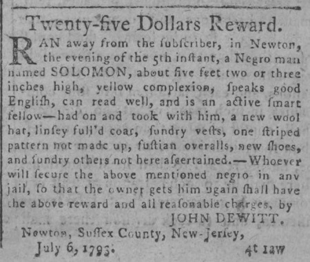 New Jersey Advertisement to recover escaped slave Solomon.